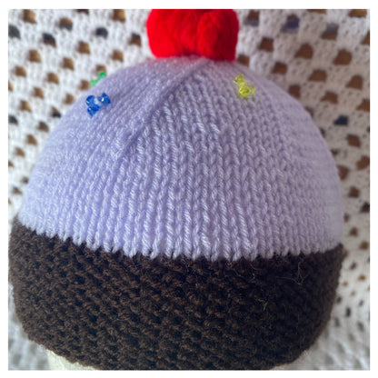 Purple Knitted Cupcake Beanie with Red Pom Pom