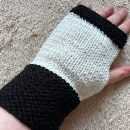 Handmade Black & White Knitted Fingerless Gloves - UK Made to Order