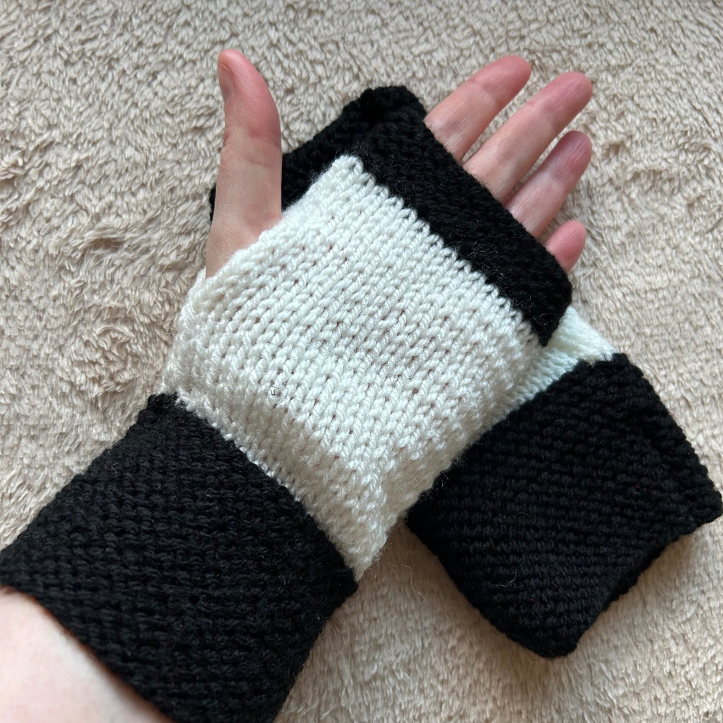 Handmade Black & White Knitted Fingerless Gloves - UK Made to Order