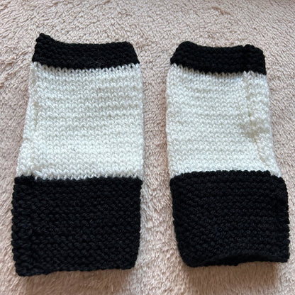 Handmade Black & White Knitted Fingerless Gloves - UK Made to Order