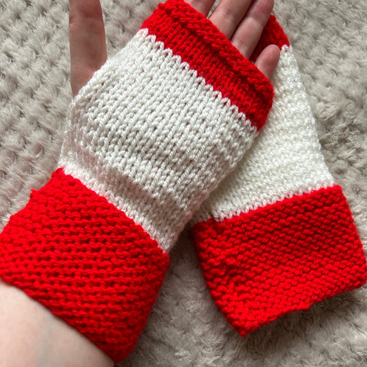 Hand Knit Fingerless Gloves, Red and White, Festive Cozy Mitts