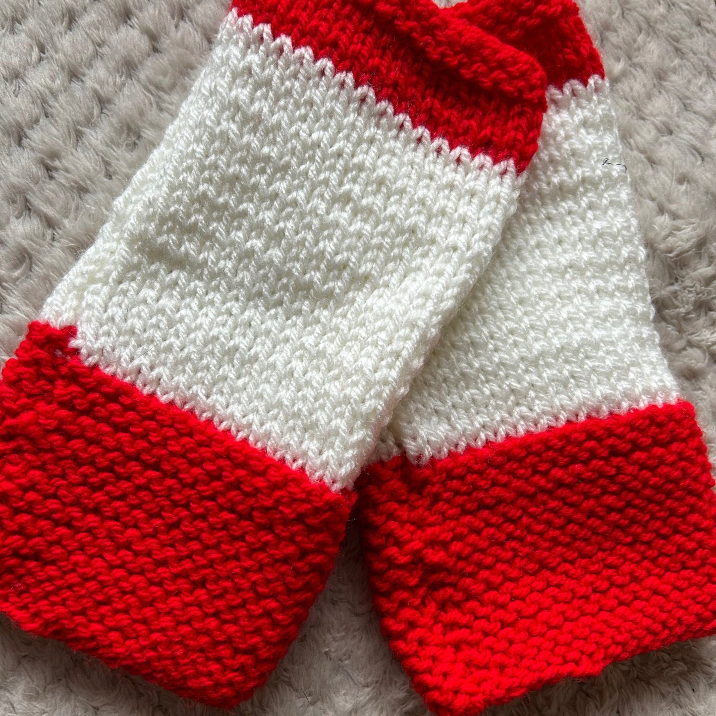 Hand Knit Fingerless Gloves, Red and White, Festive Cozy Mitts