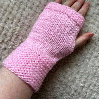 Hand Knit Pink Fingerless Gloves, Custom Winter Hand Warmers