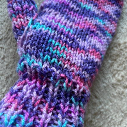 Hand Knit Purple Mittens, Colourful Acrylic Gloves