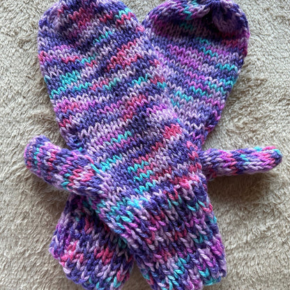 Hand Knit Purple Mittens, Colourful Acrylic Gloves