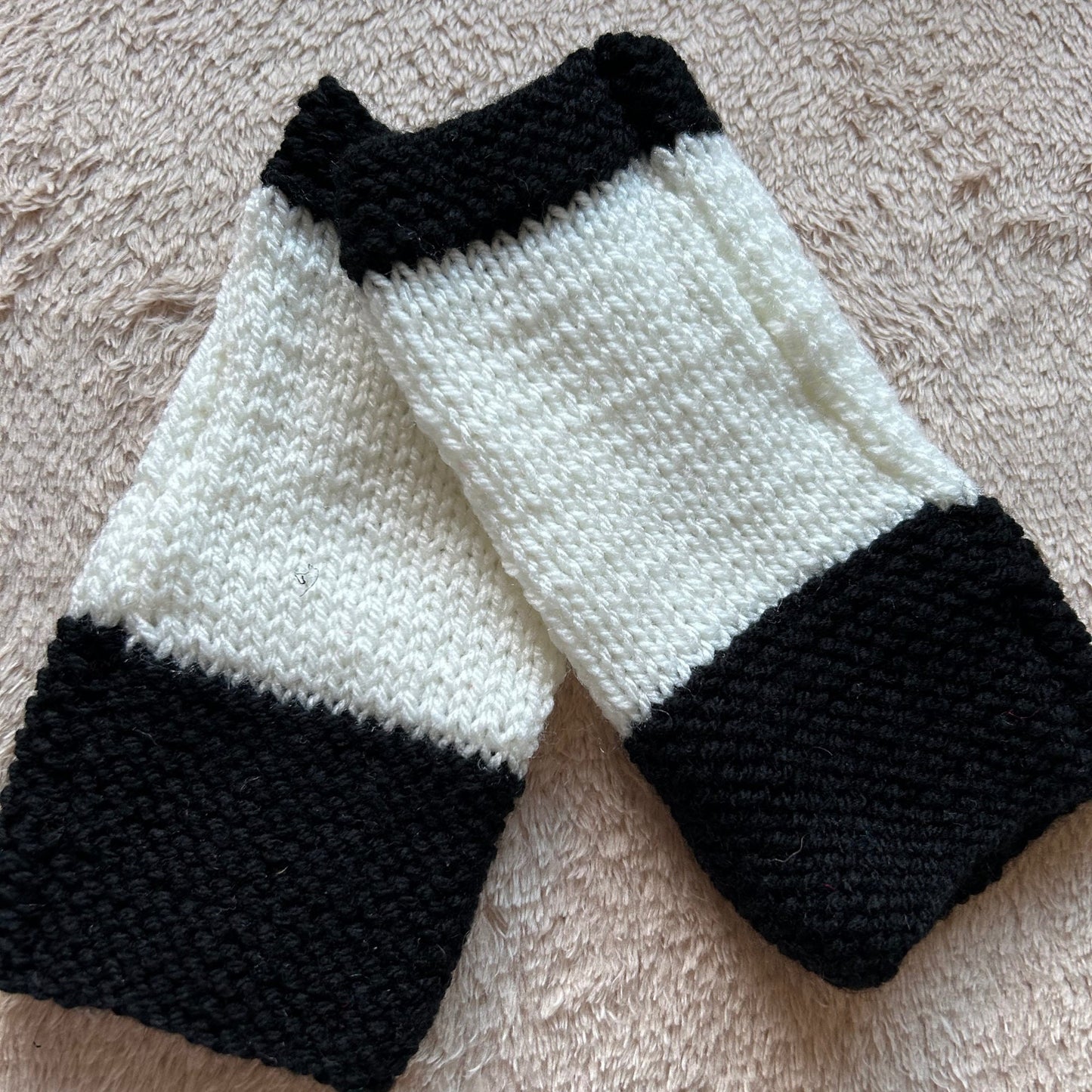 Handmade Black & White Knitted Fingerless Gloves - UK Made to Order