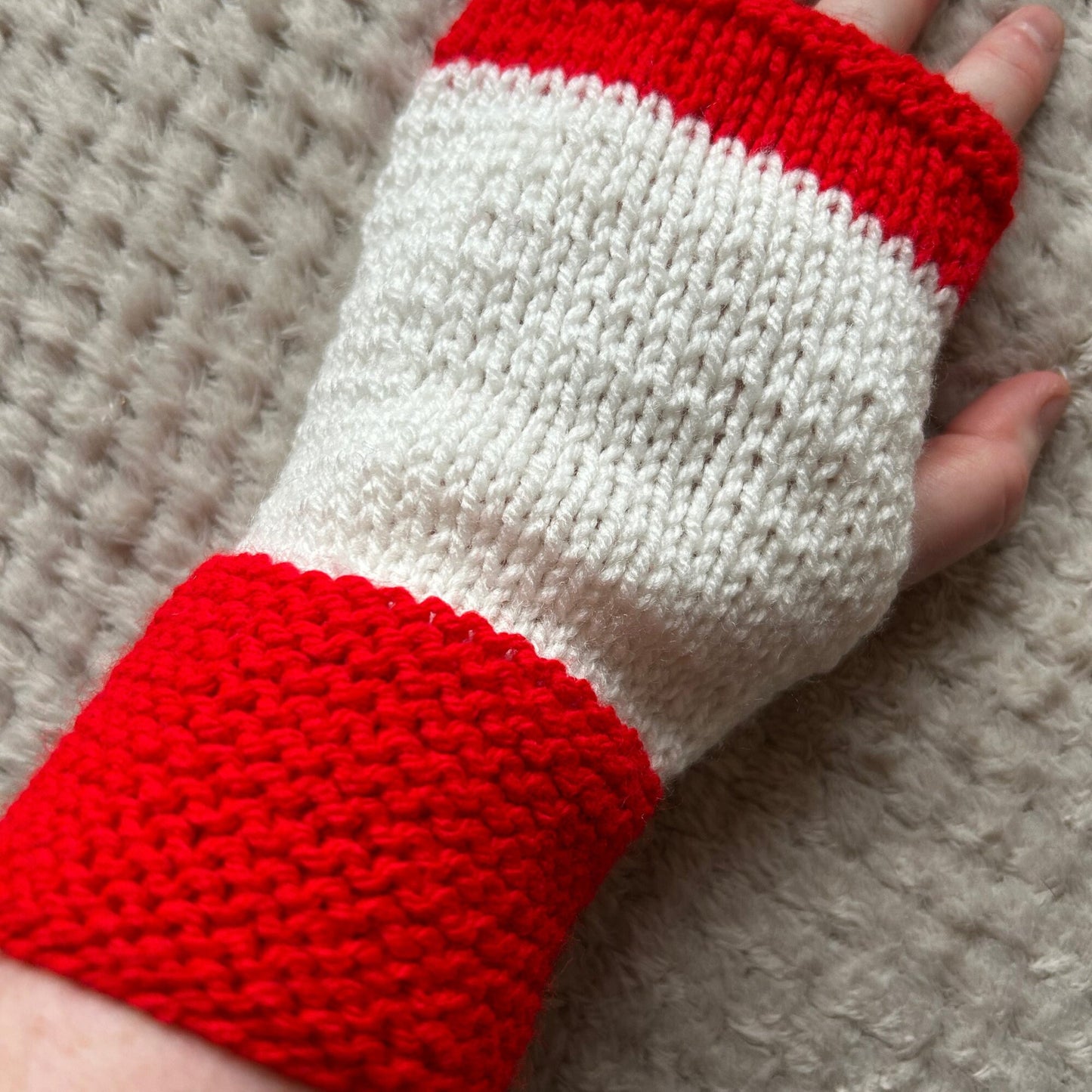 Hand Knit Fingerless Gloves, Red and White, Festive Cozy Mitts