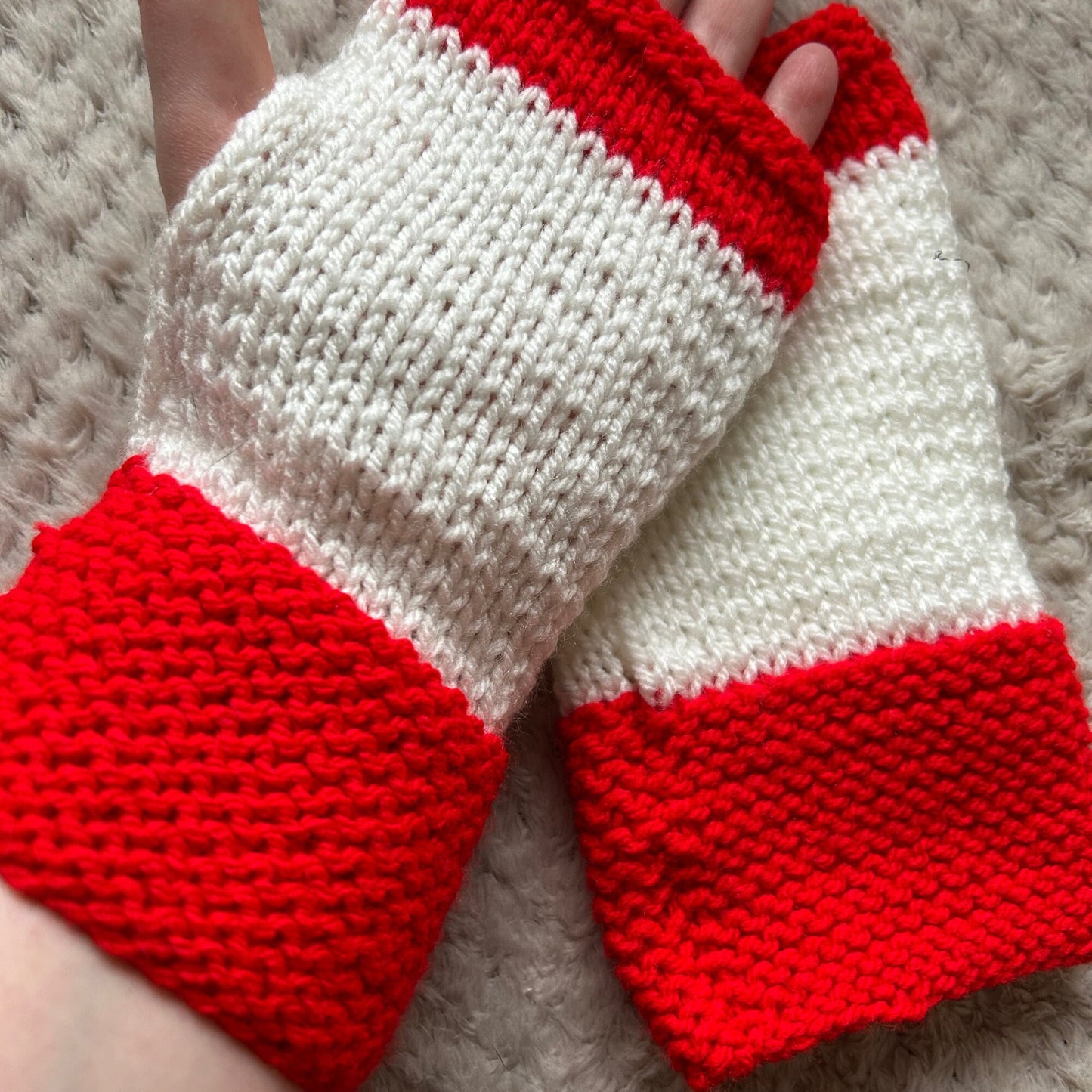 Hand Knit Fingerless Gloves, Red and White, Festive Cozy Mitts