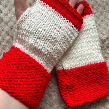 Hand Knit Fingerless Gloves, Red and White, Festive Cozy Mitts