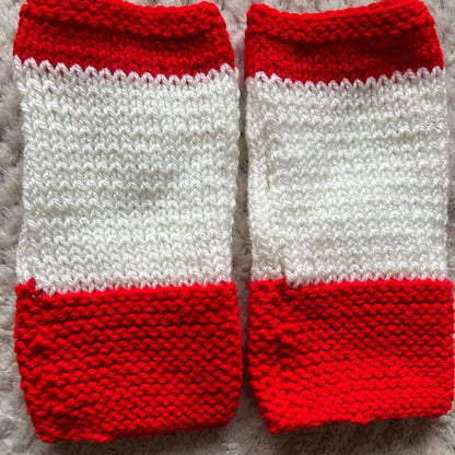 Hand Knit Fingerless Gloves, Red and White, Festive Cozy Mitts
