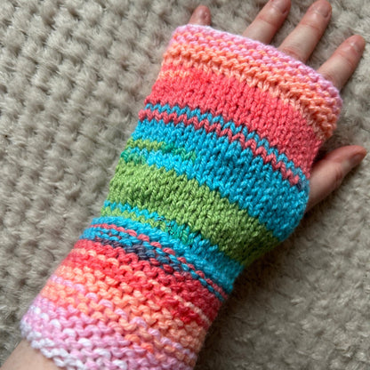 Hand-Knit Fingerless Gloves, Bright Pastel Summer Colours