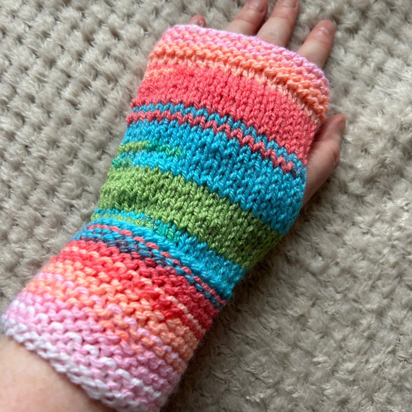 Hand-Knit Fingerless Gloves, Bright Pastel Summer Colours