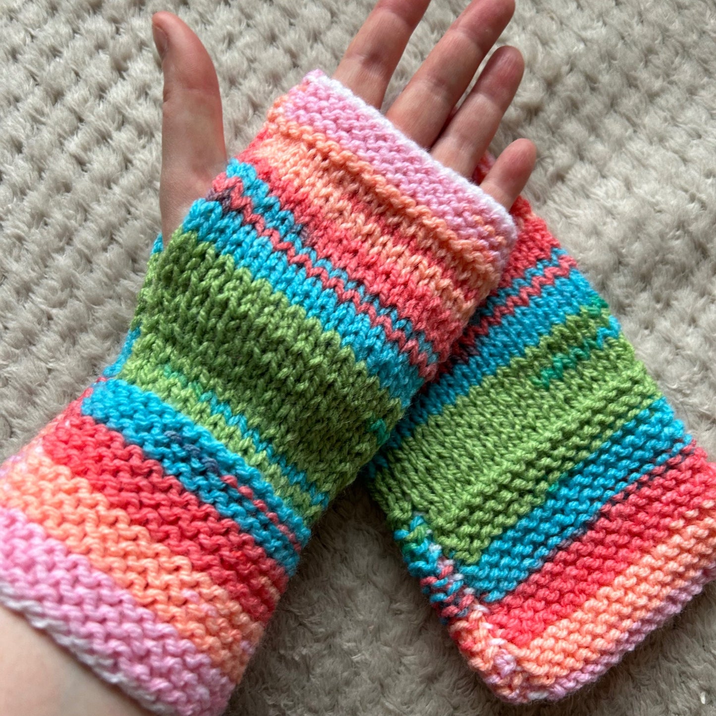Hand-Knit Fingerless Gloves, Bright Pastel Summer Colours