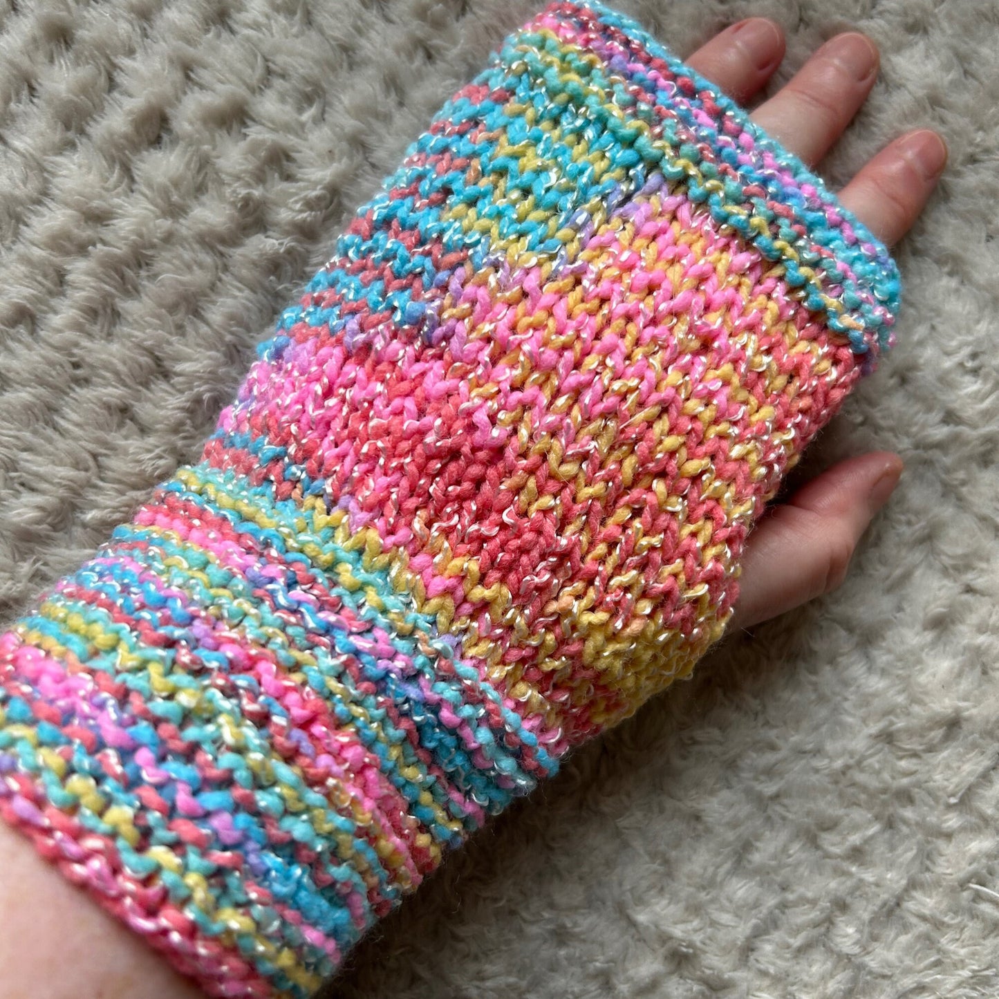 Hand Knit Fingerless Gloves, Pastel Glitter, OOAK Woman's Gloves
