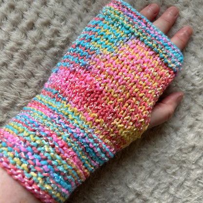 Hand Knit Fingerless Gloves, Pastel Glitter, OOAK Woman's Gloves