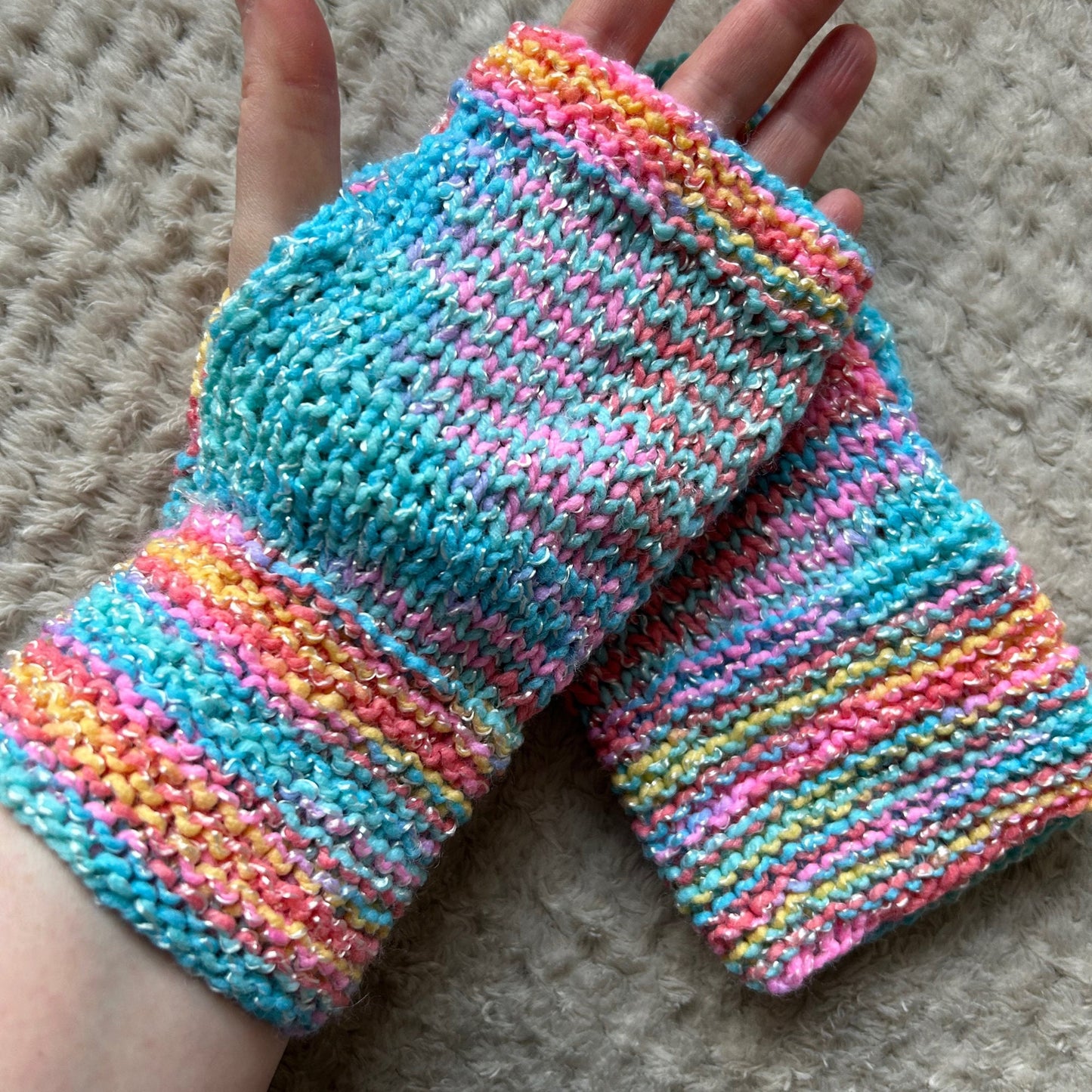 Hand Knit Fingerless Gloves, Pastel Glitter, OOAK Woman's Gloves