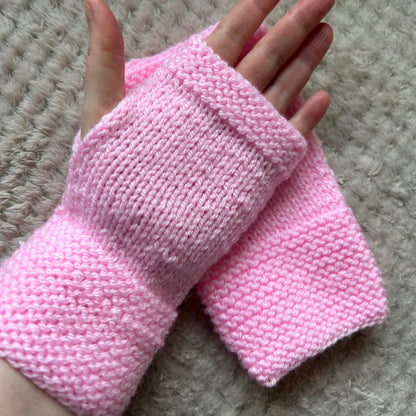 Hand Knit Pink Fingerless Gloves, Custom Winter Hand Warmers