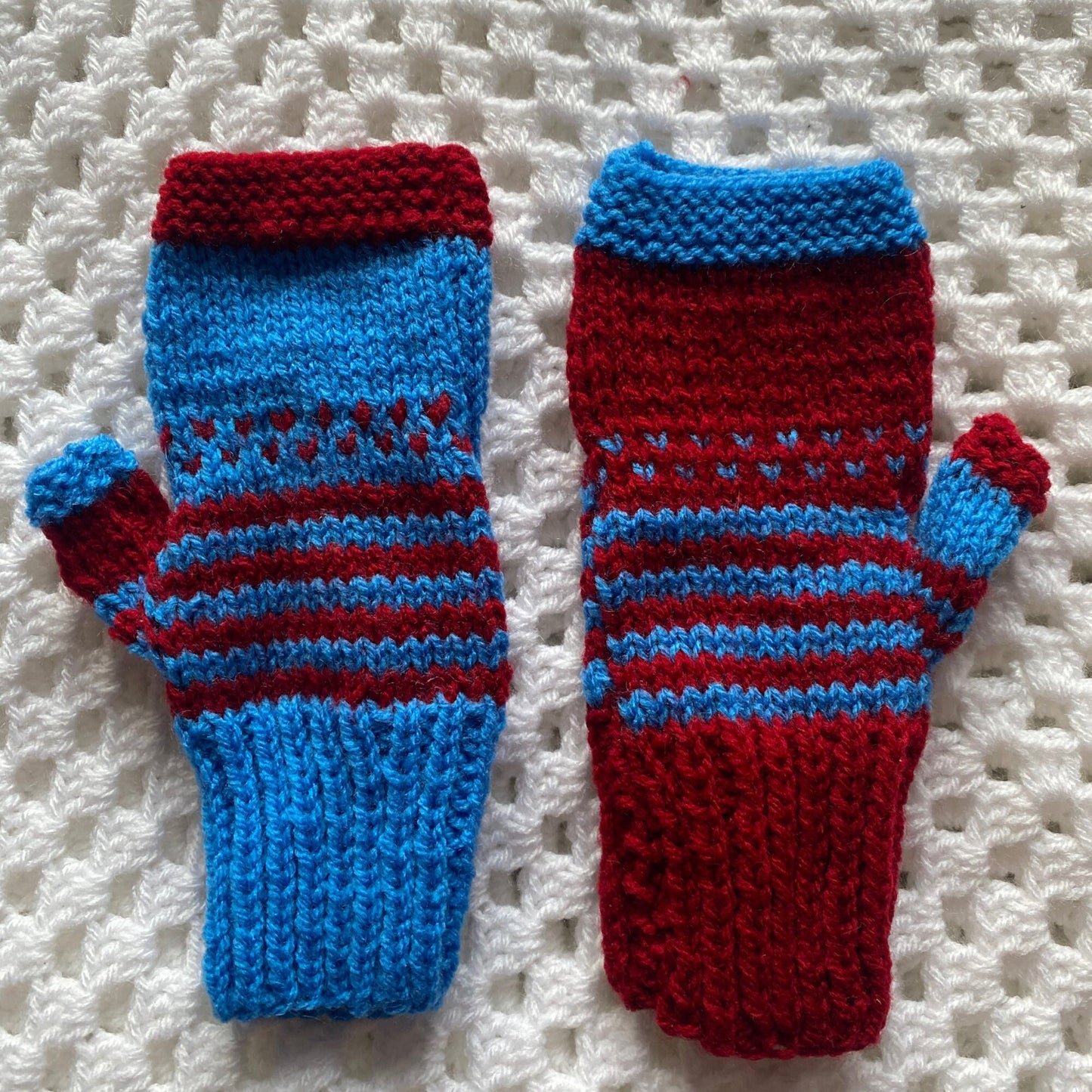 Fair Isle Knit Fingerless Gloves: Blue and Red Adult Women's Gloves