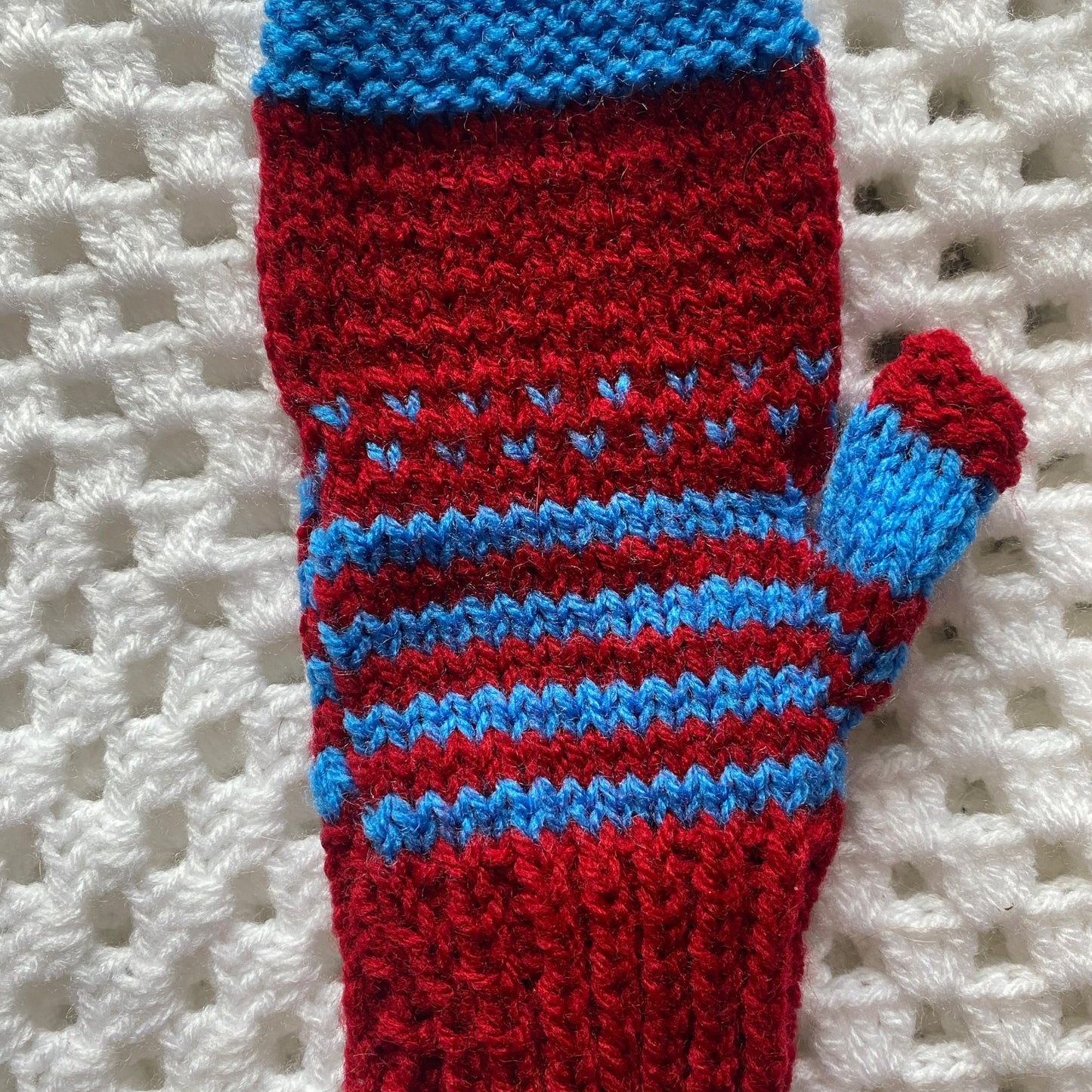 Fair Isle Knit Fingerless Gloves: Blue and Red Adult Women's Gloves
