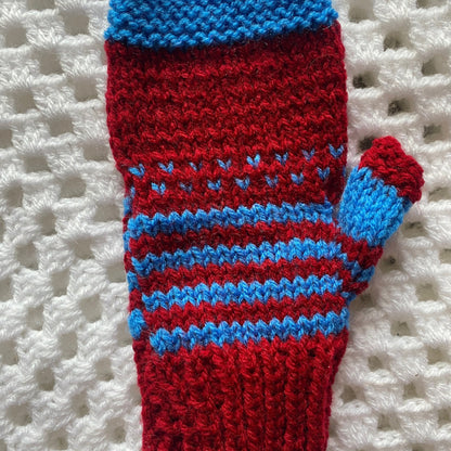 Fair Isle Knit Fingerless Gloves: Blue and Red Adult Women's Gloves