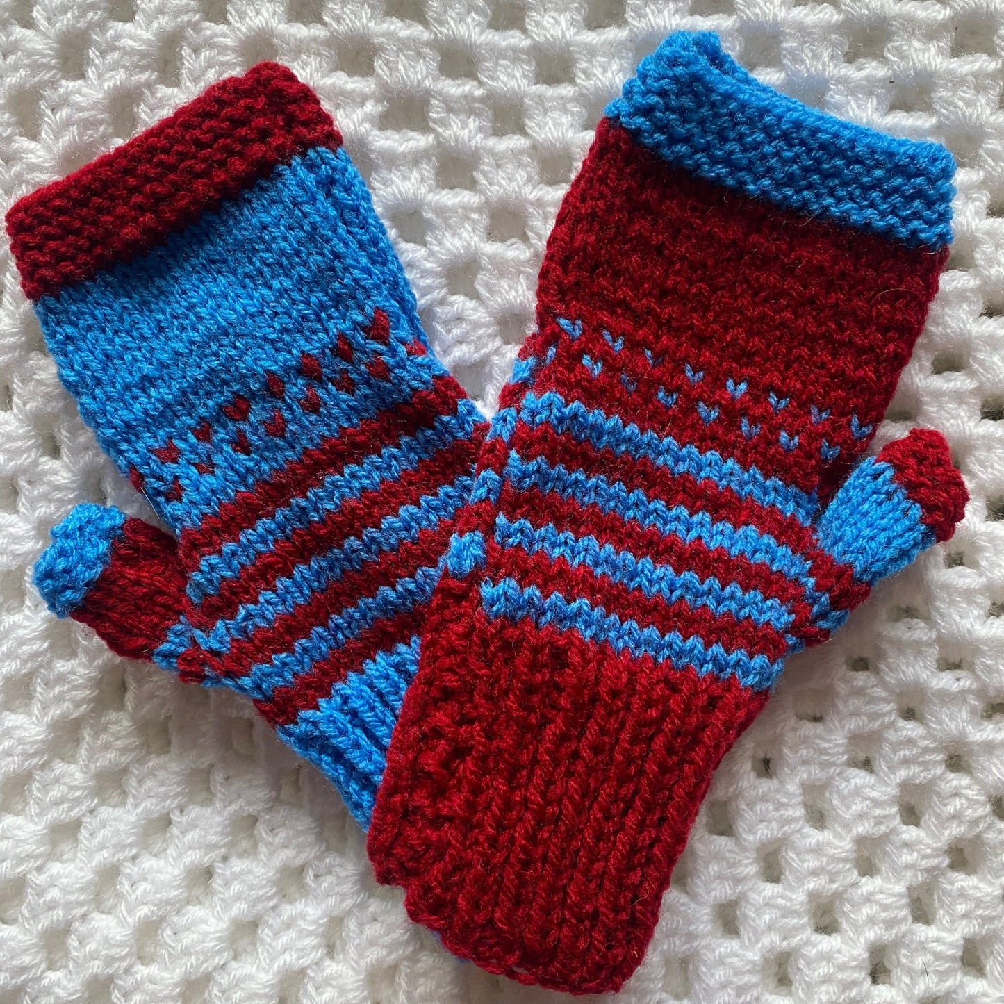 Fair Isle Knit Fingerless Gloves: Blue and Red Adult Women's Gloves