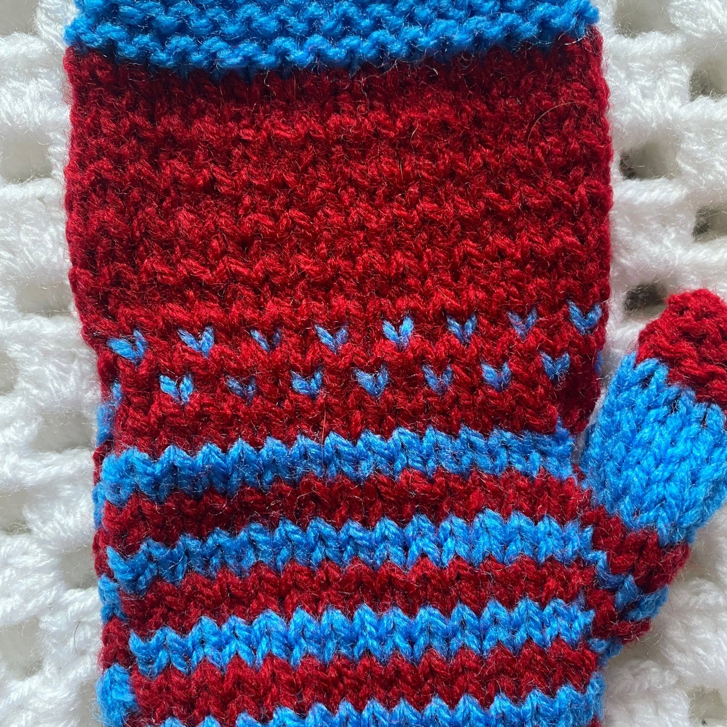Fair Isle Knit Fingerless Gloves: Blue and Red Adult Women's Gloves