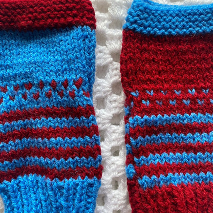 Fair Isle Knit Fingerless Gloves: Blue and Red Adult Women's Gloves