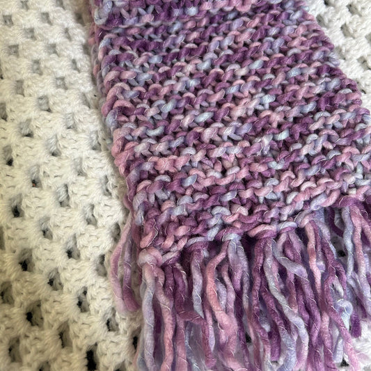 Chunky Purple Hand Knit Scarf With Fringe