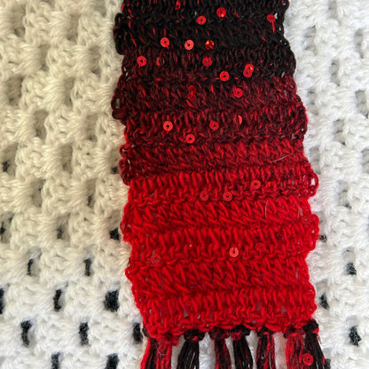 Red and Black Skinny Scarf with Sequins and Fringe