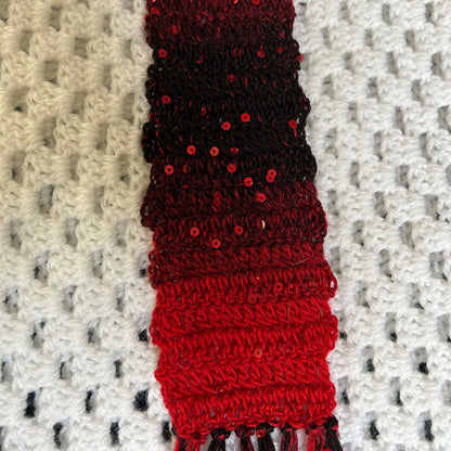 Red and Black Skinny Scarf with Sequins and Fringe