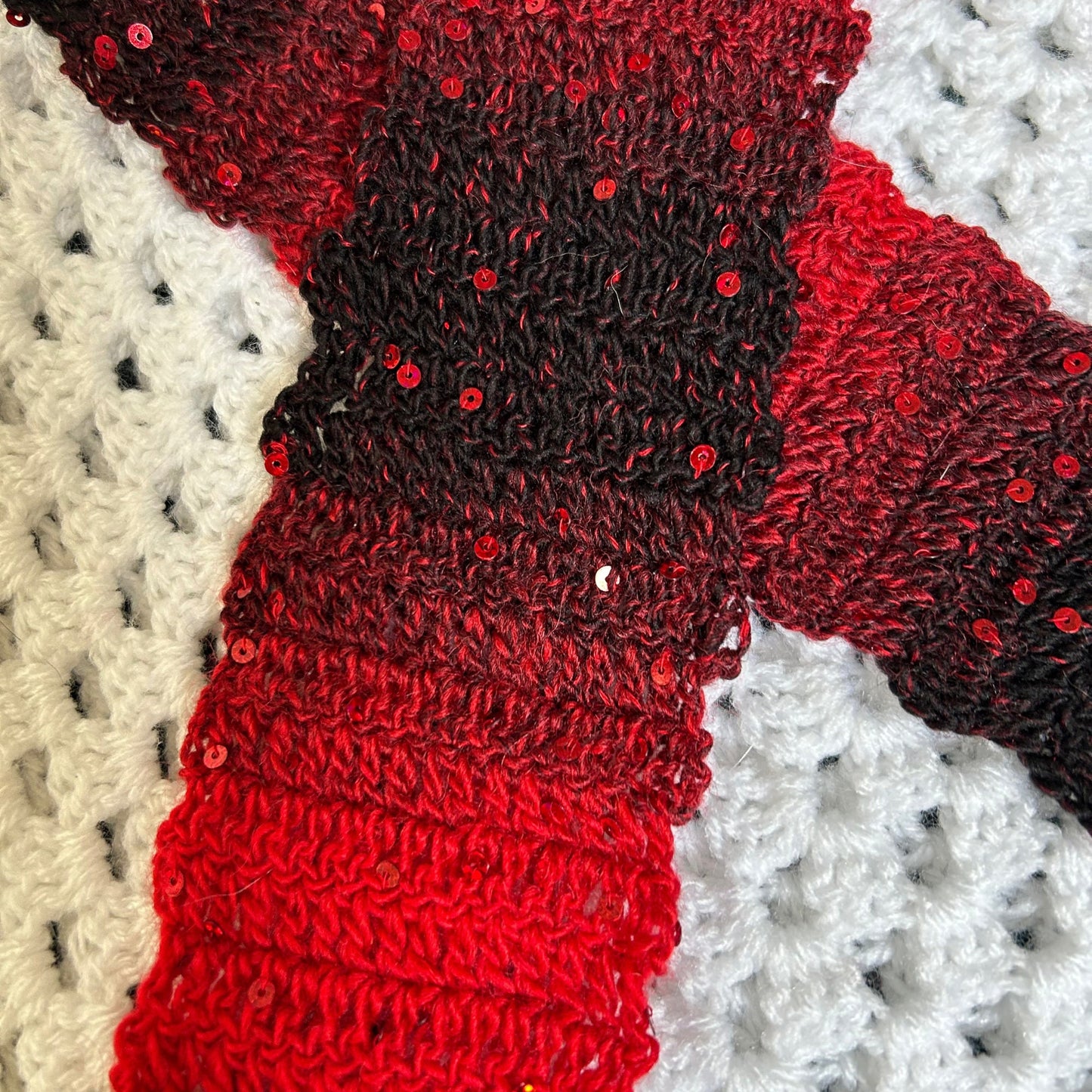 Red and Black Skinny Scarf with Sequins and Fringe