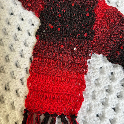 Red and Black Skinny Scarf with Sequins and Fringe