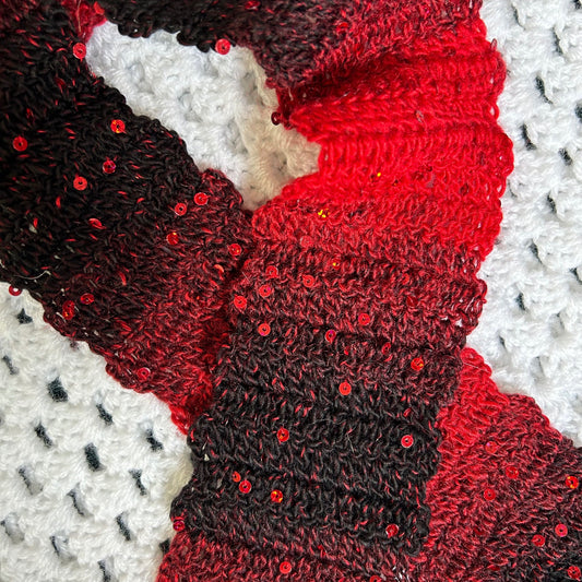 Red and Black Skinny Scarf with Sequins and Fringe