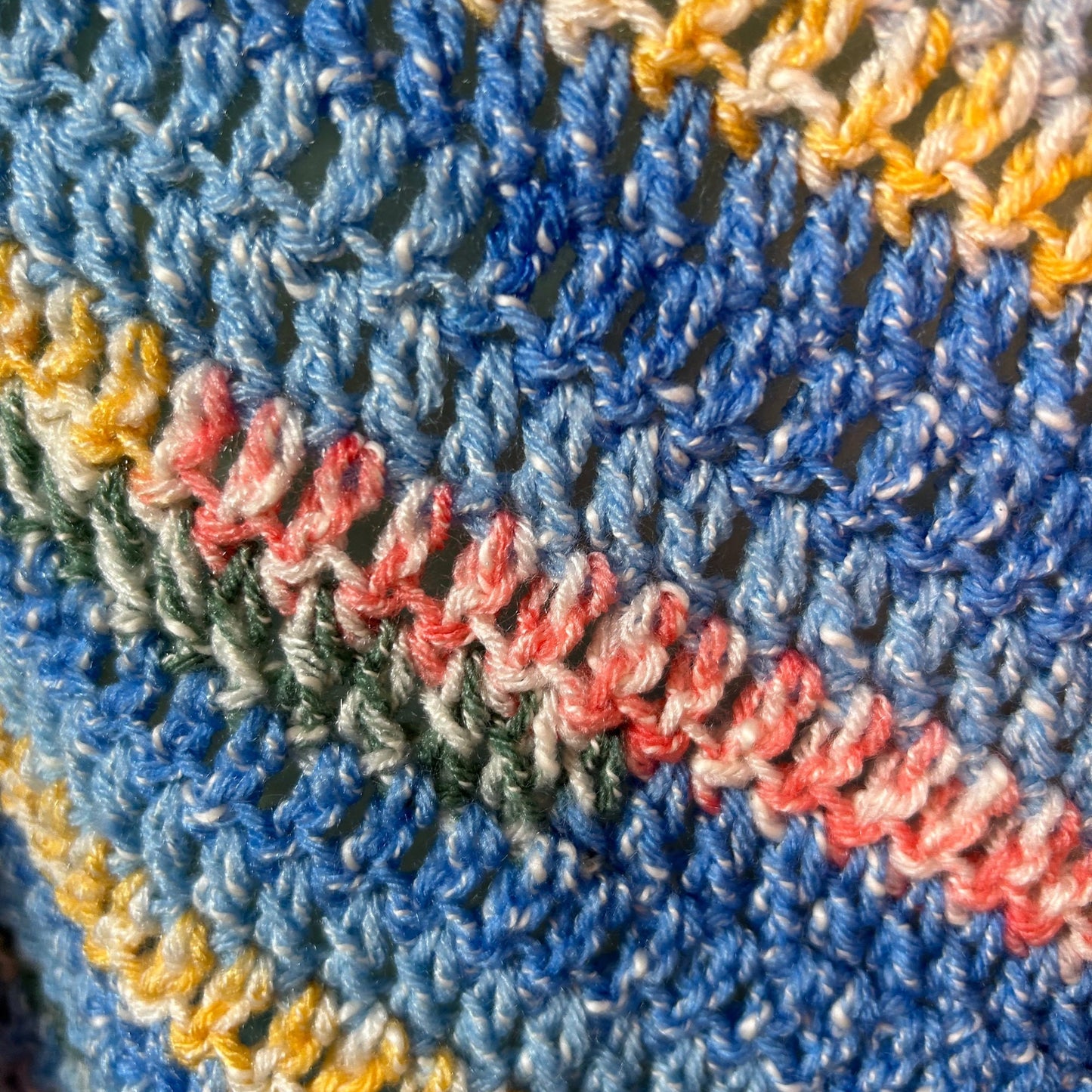 Blue Triangle Shawl with Colourful Stripes and Tassels