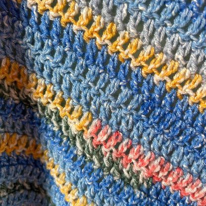 Blue Triangle Shawl with Colourful Stripes and Tassels