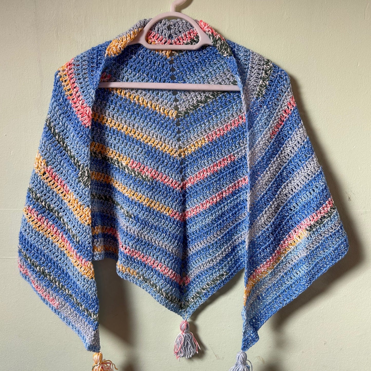 Blue Triangle Shawl with Colourful Stripes and Tassels