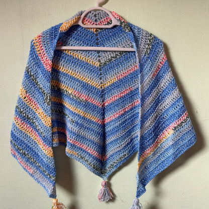 Blue Triangle Shawl with Colourful Stripes and Tassels