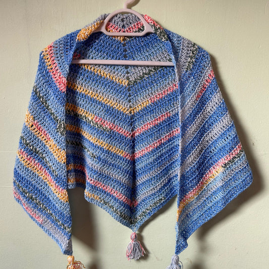 Blue Triangle Shawl with Colourful Stripes and Tassels
