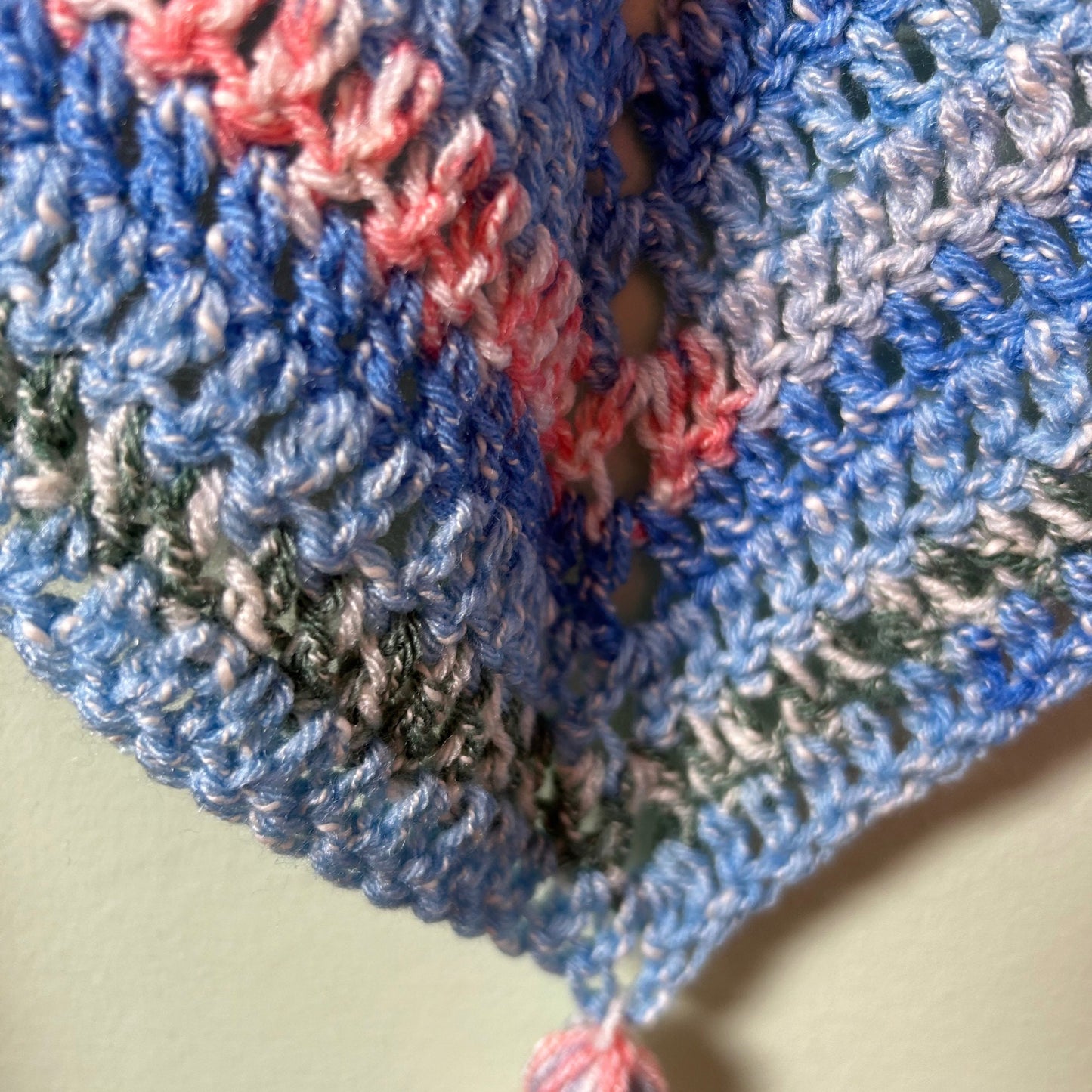 Blue Triangle Shawl with Colourful Stripes and Tassels