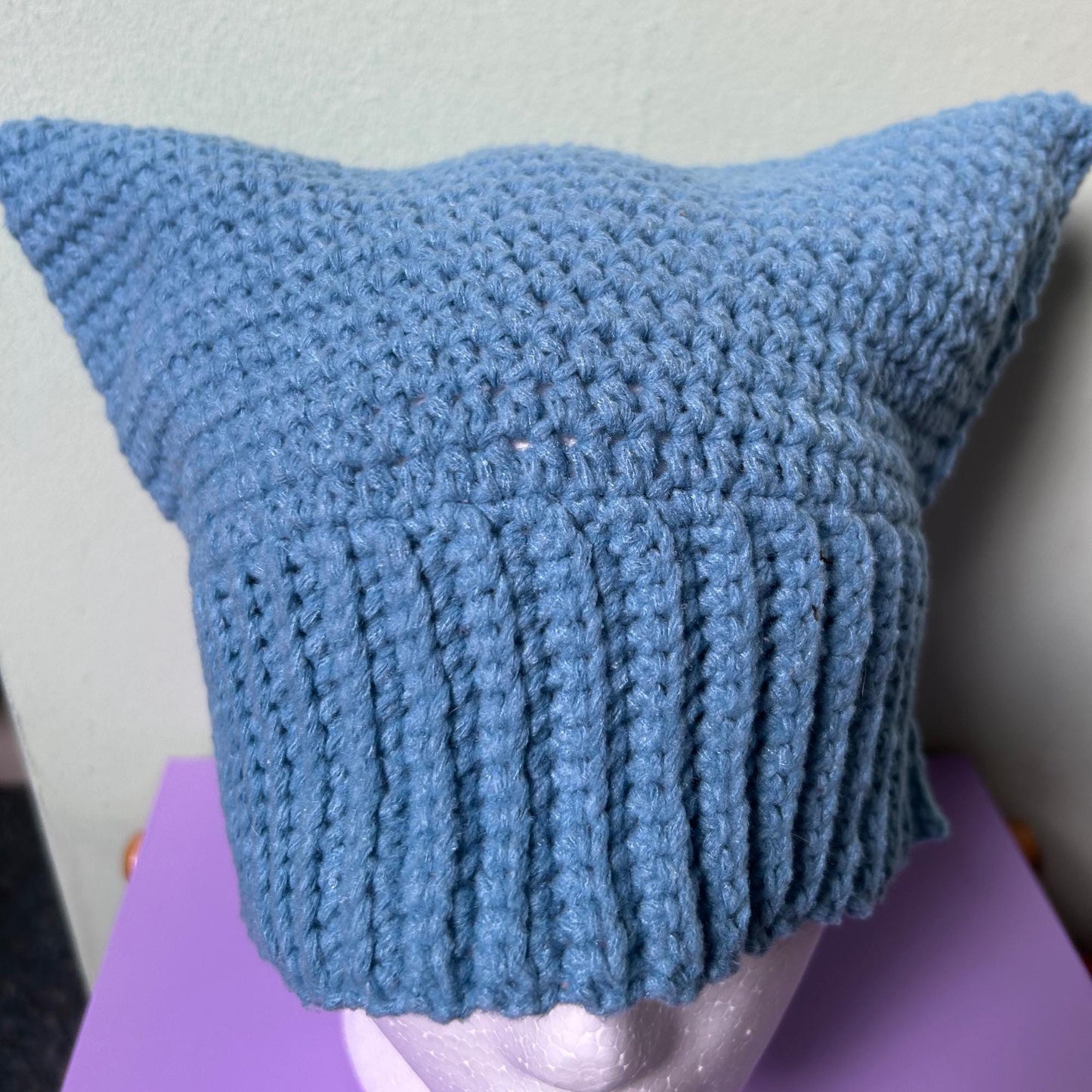 Light Blue Crochet Cat Ears Beanie: Handmade Polyester Hat