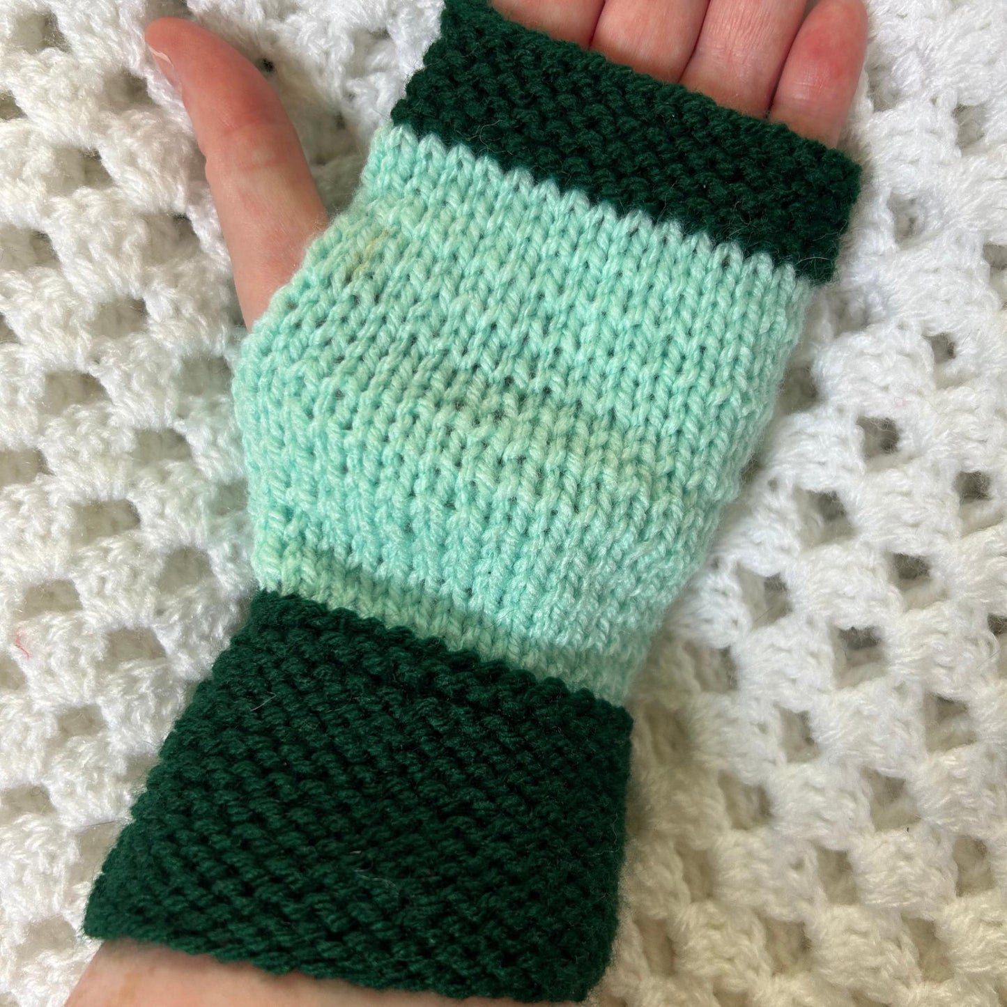 Hand Knit Green Fingerless Gloves: Ladies Small Hands Gloves