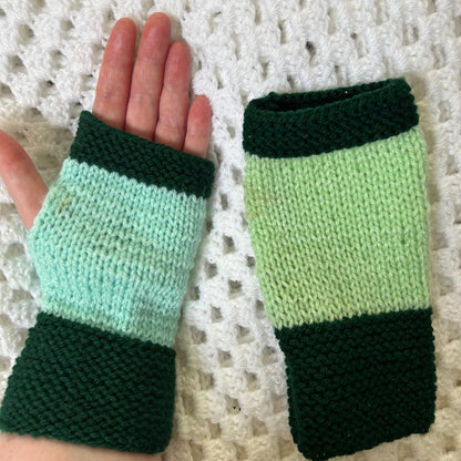 Hand Knit Green Fingerless Gloves: Ladies Small Hands Gloves