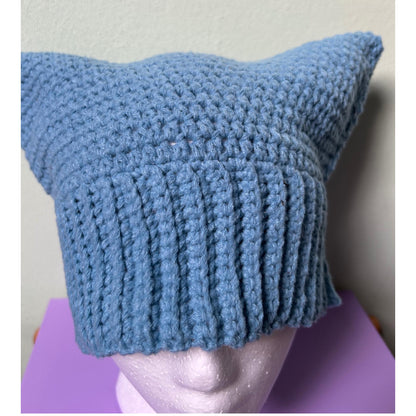 Light Blue Crochet Cat Ears Beanie: Handmade Polyester Hat