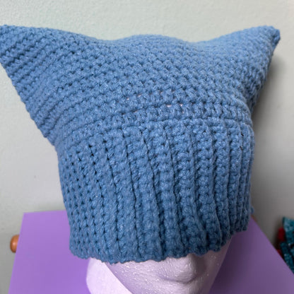 Light Blue Crochet Cat Ears Beanie: Handmade Polyester Hat