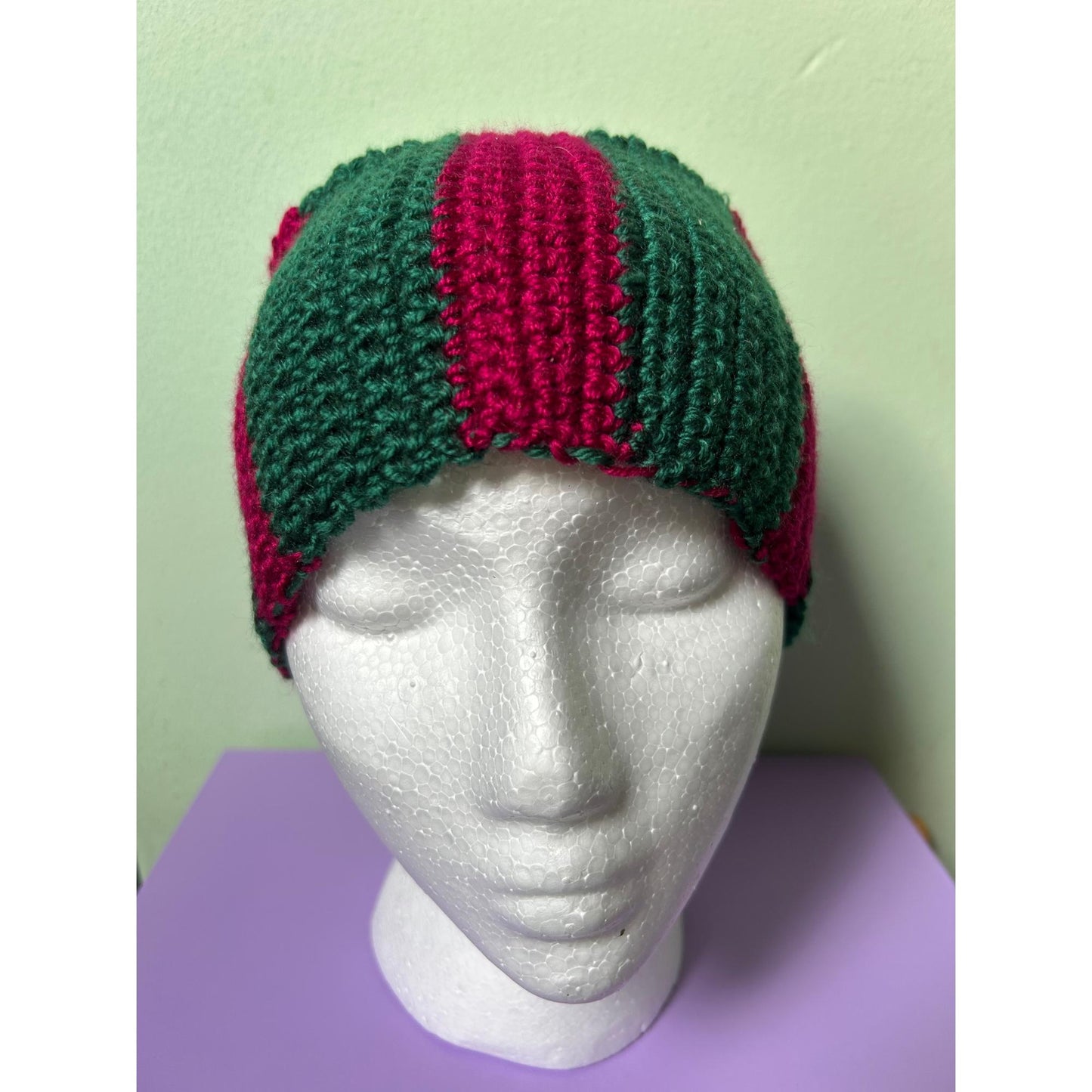 Crochet Striped Headband: Pink & Green Extra Wide Ear Warmer