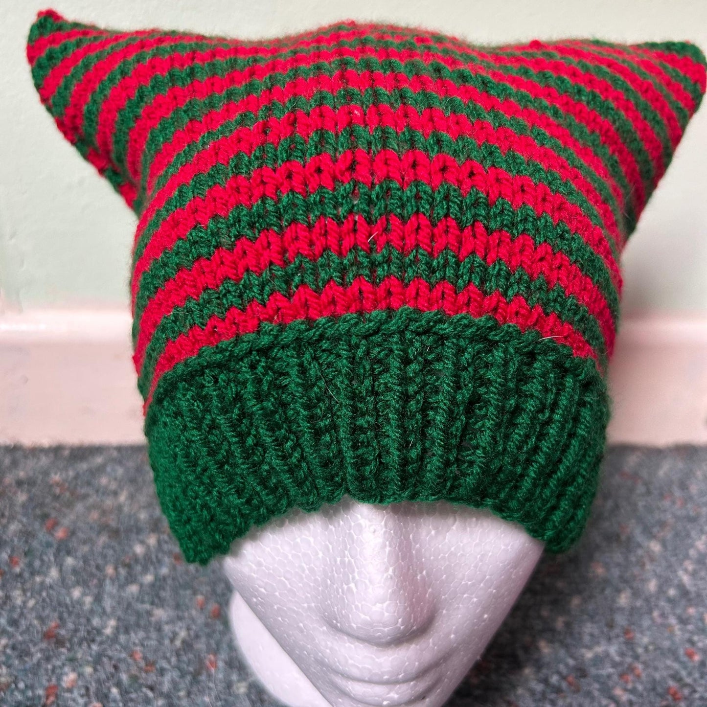 Red and Green Striped Christmas Animal Ears Hat