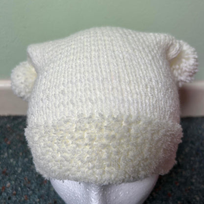 White Knitted Double Pom Pom Beanie Hat