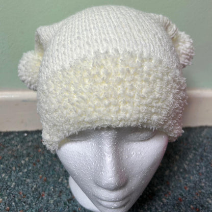 White Knitted Double Pom Pom Beanie Hat