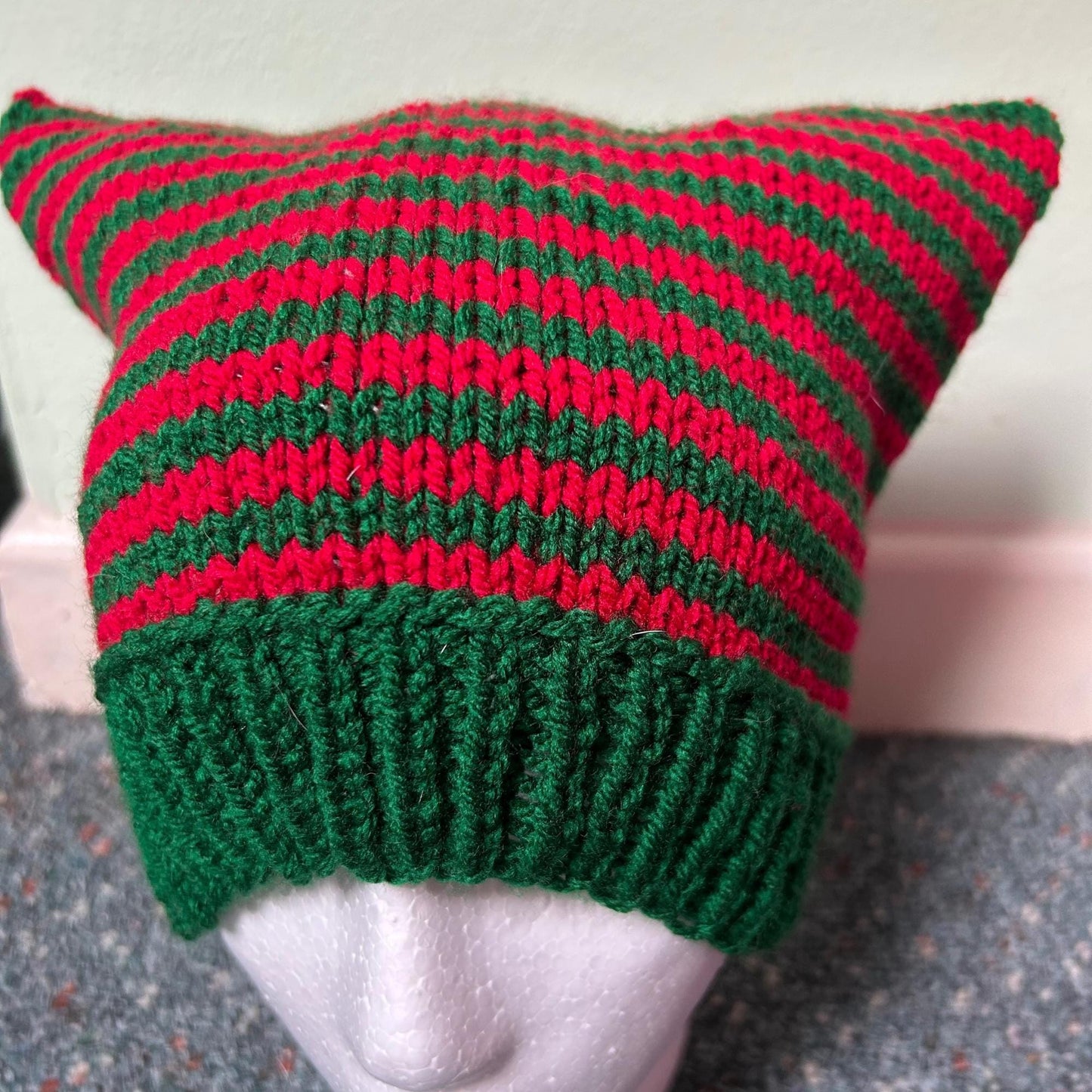Red and Green Striped Christmas Animal Ears Hat