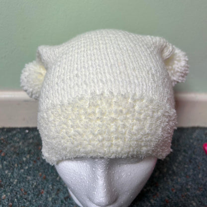 White Knitted Double Pom Pom Beanie Hat